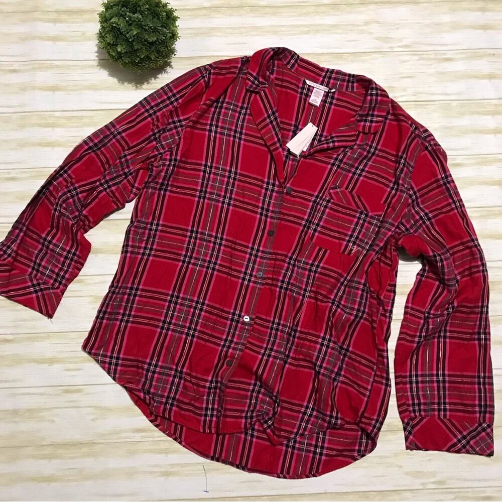 Victorias Secret NWT Red Pink Metallic Plaid Flannel Pajama Top Size Large